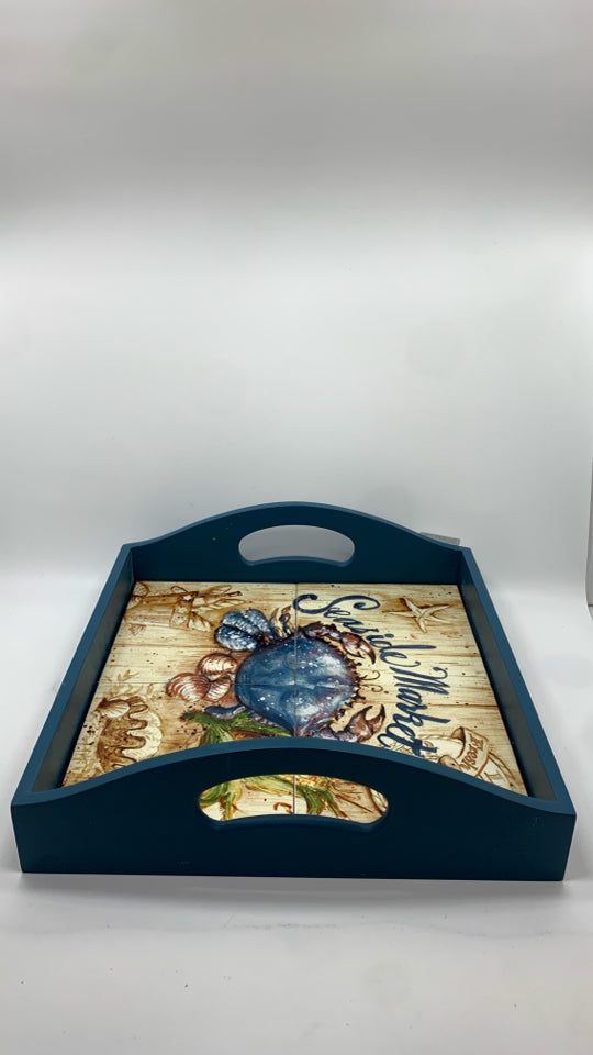 SEASIDE MARKET CRAB BLUE PAINTED TRAY.