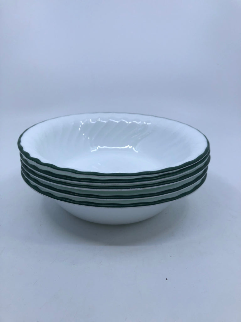 5 WHITE W GREEN RIM CORELLE BOWLS.