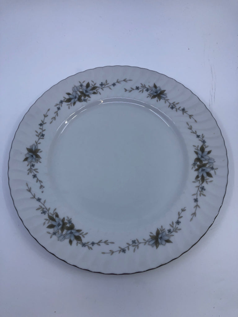 VTG WHITE PLATE SILVER EDGE BLUE FLOWERS.