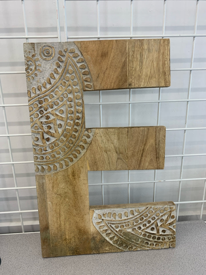 RUSTIC CARVED "E" WOOD WALL-HANGING.