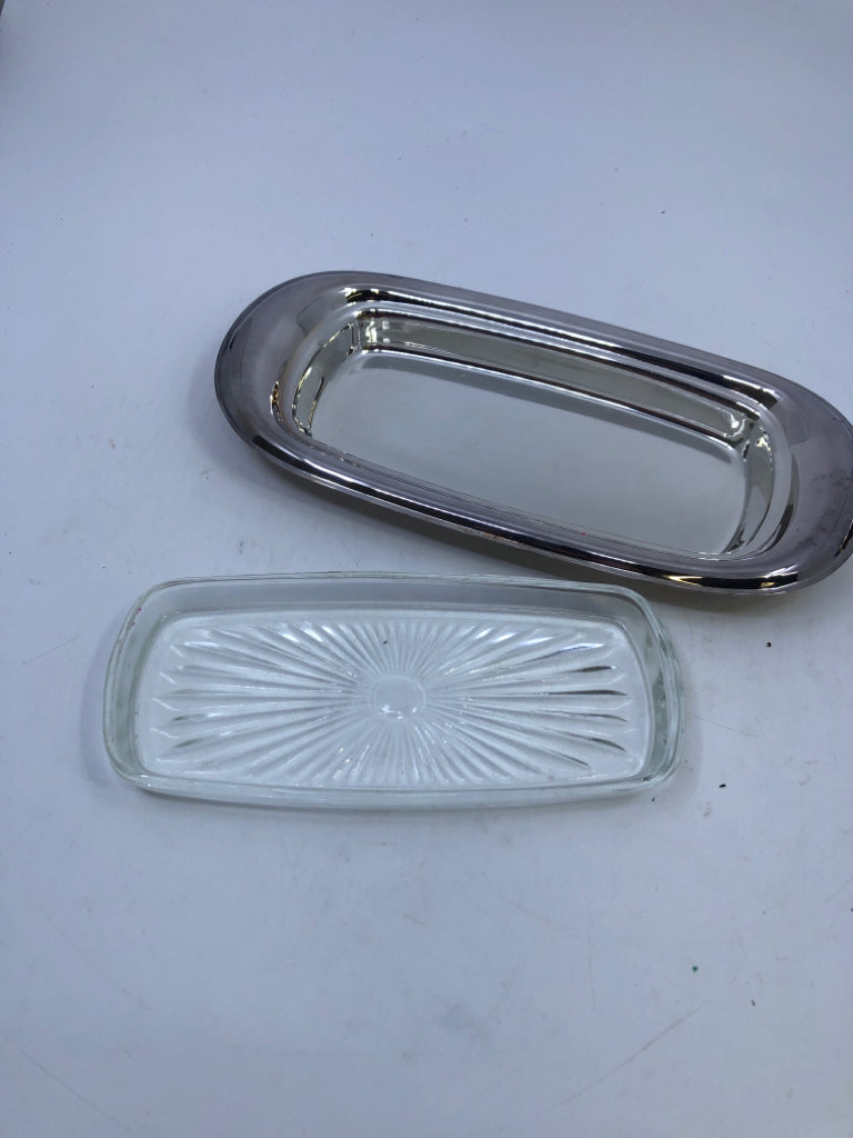 METAL + GLASS BUTTER DISH.