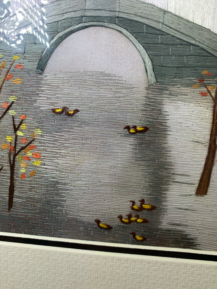 NIP SUZHOU SILK EMBROIDERY BRIDGE W/ BUILDINGS DUCKS AND FALL TREES.