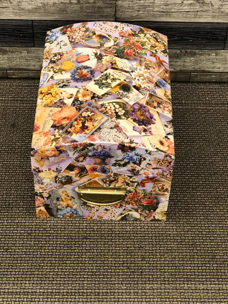 FLORAL CARDBOARD STORAGE BOX W/LOCKING FLIP LID AND HANDLES.