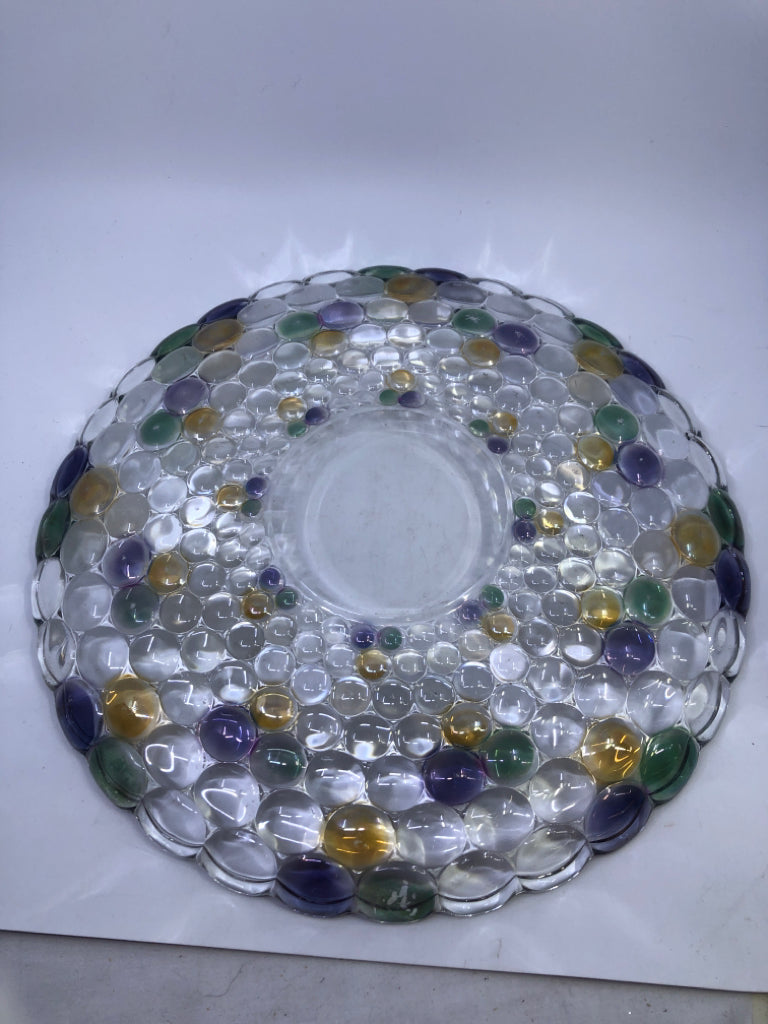 LARGE HEAVY GLASS PLATTER BUBBLE DESIGN PURPLE GREEN YELLOW.