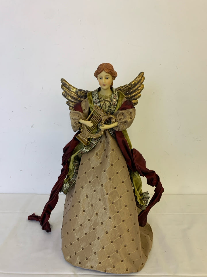 BROWN AND MAROON ANGEL W HARP TREE TOPPER.