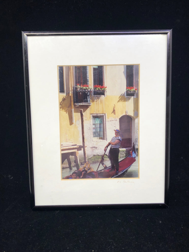 MAN ON GONDOLA VENICE ITALY PHOTO WALL HANGING IN BLACK FRAME.