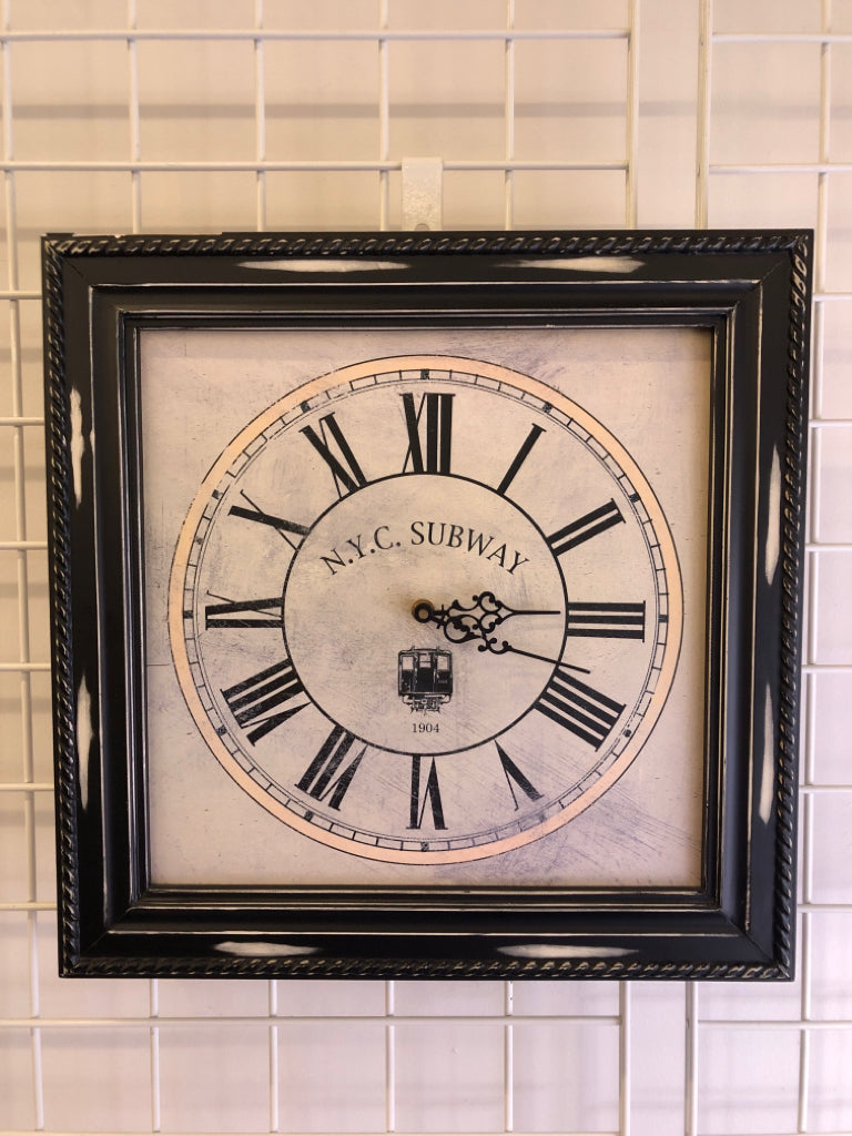 SQUARE BLACK DISTRESSED WALL CLOCK NYC SUBWAY.
