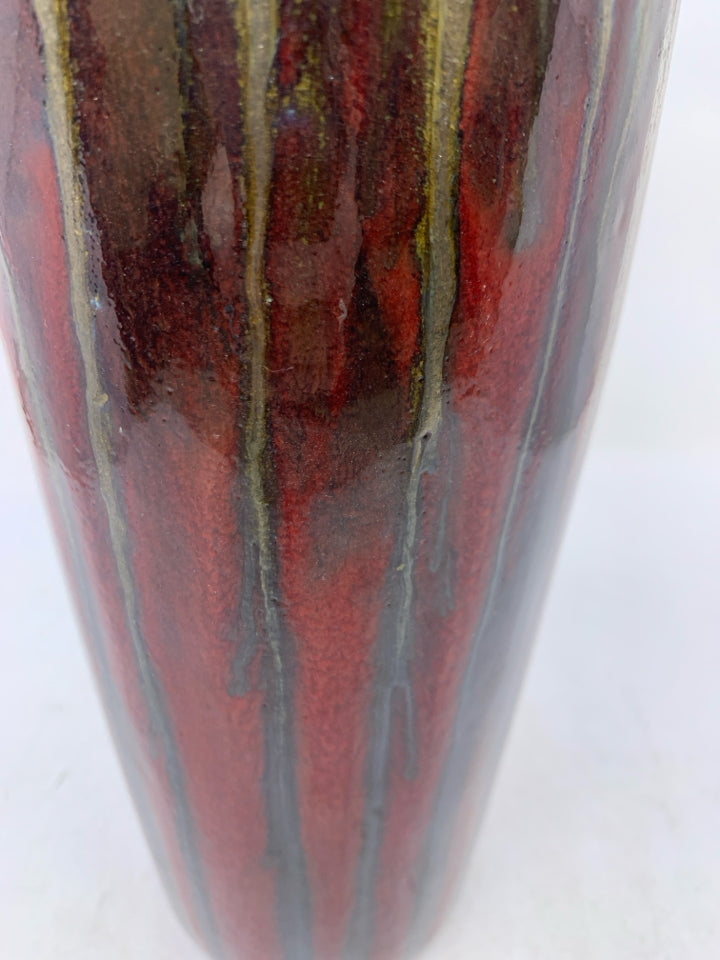 HEAVY DARK RED W/ SILVER DRIP VASE.