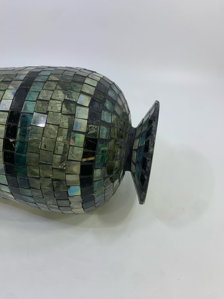 TEAL/BLACK MOSAIC FOOTED VASE/ CANDLE HOLDER.