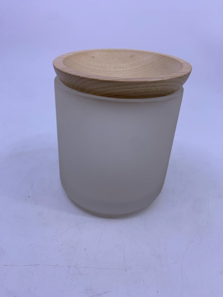 FROSTED HEAVY GLASS JAR W/ WOOD TOP HAVEN.