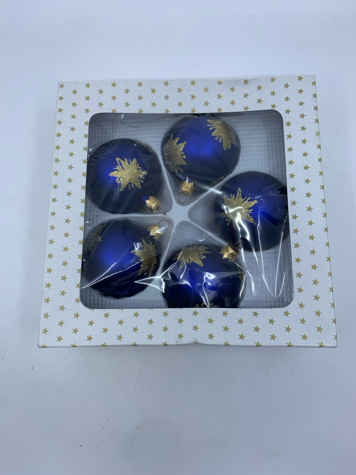 5 BLUE AND GOLD ORNAMENTS.