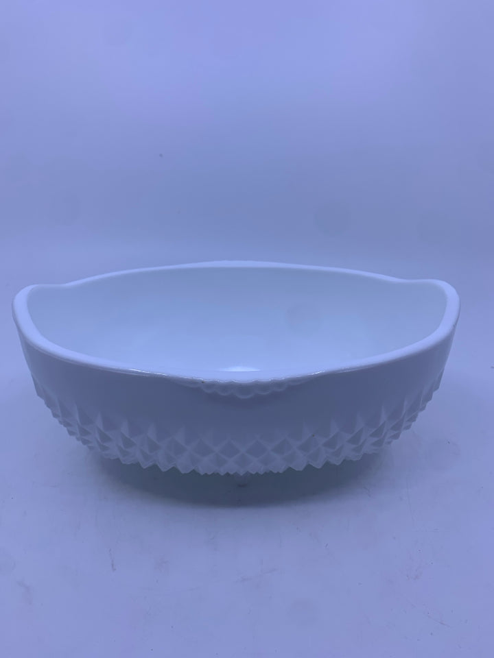 OVAL HOBNAIL MILK GLASS FOOTED DISH.