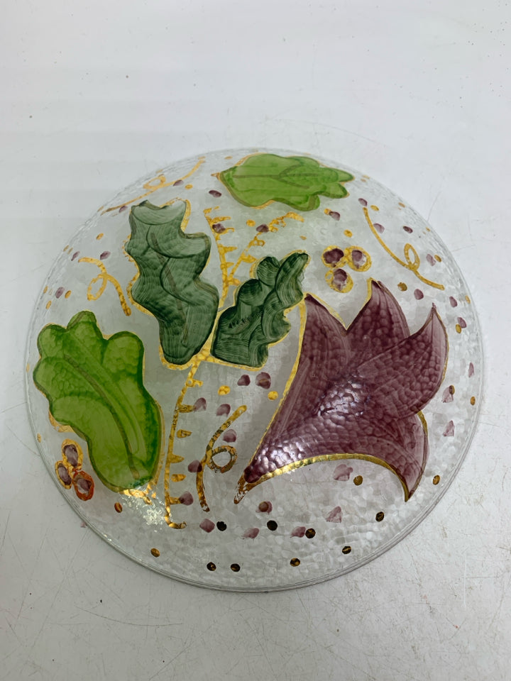 GLASS SHALLOW BOWL W/ PAINTED LEAVES MADE IN ITALY.