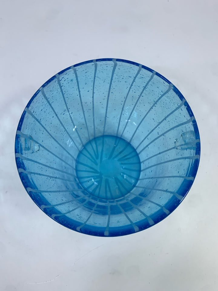 BLUE GLASS SMALL ICE BUCKET W/WHITE LINES.