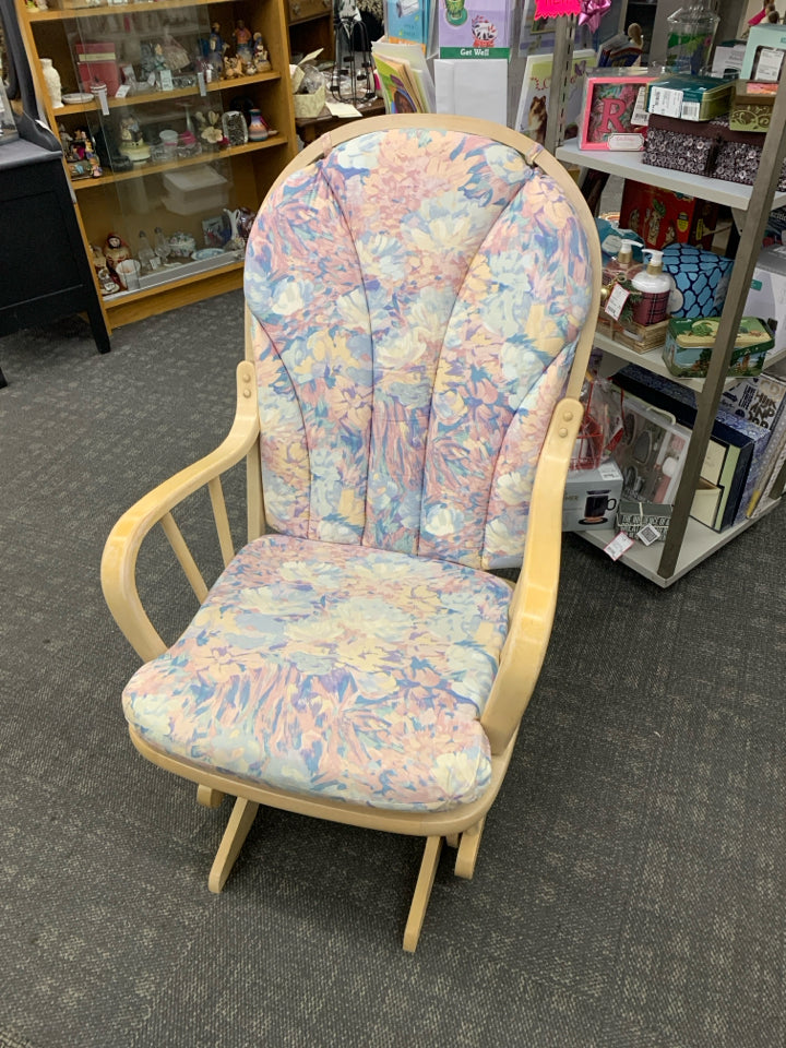 BLONDE WOOD SOLID MAPLE ROCKER W PINK/BLUE FLORAL CUSHION -MADE IN CANADA.