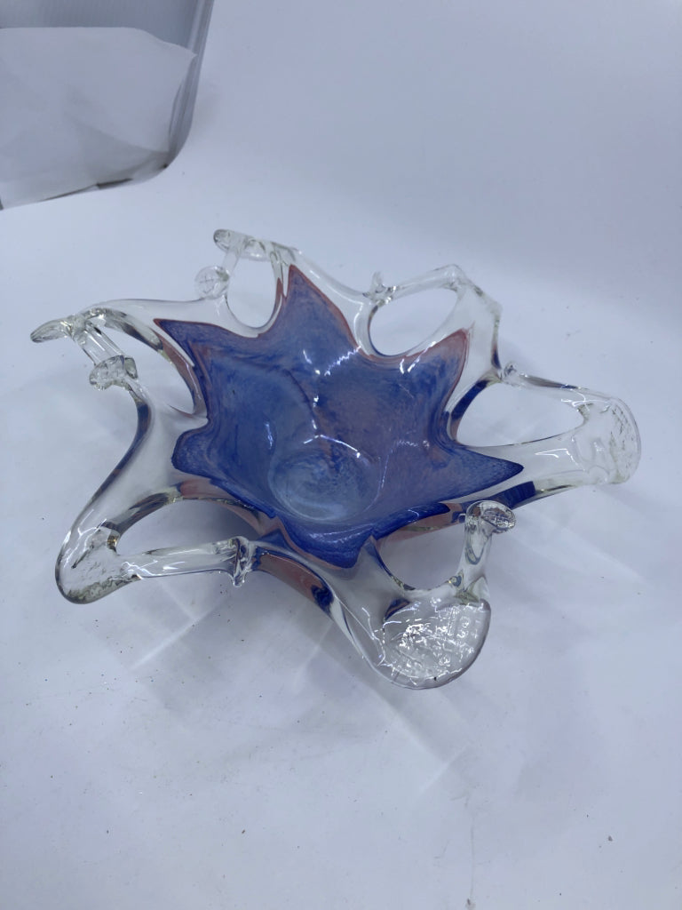 BLUE AND PINK BLOWN GLASS BOWL.