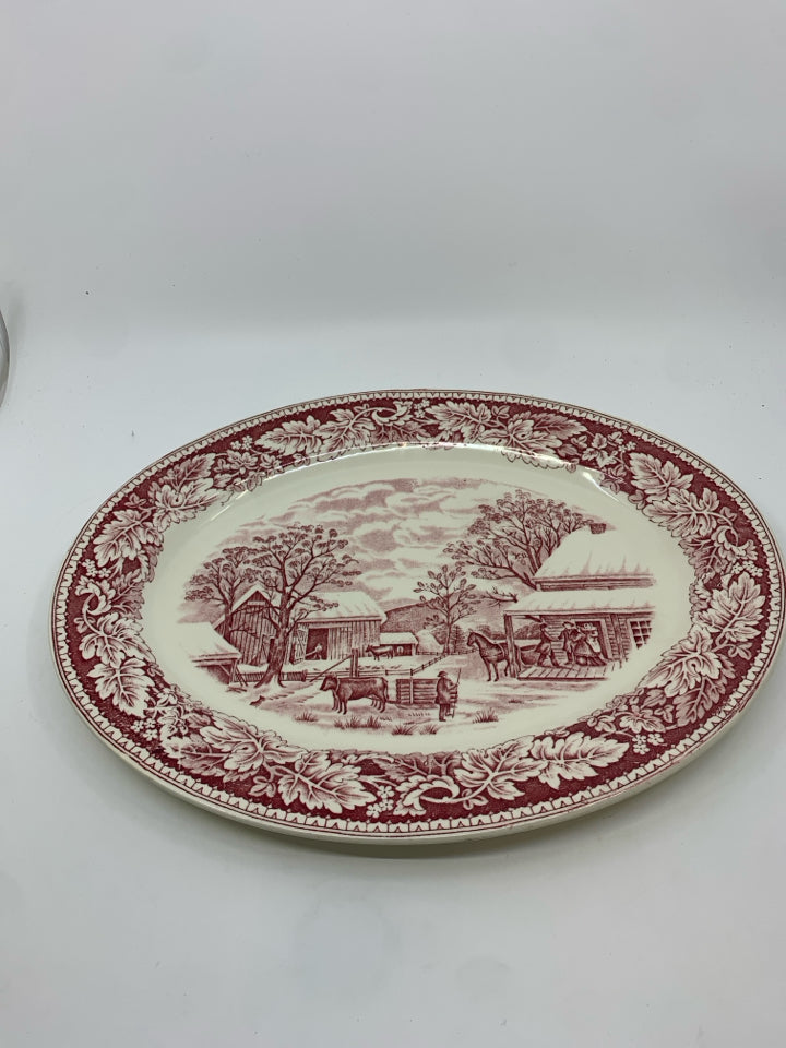 VTG RED FARM SCENE OVAL PLATTER.