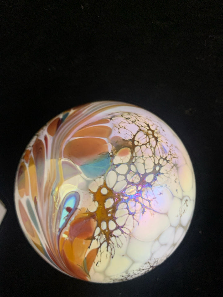 WHITE W PEACH ACCENT BLOWN GLASS WITCHES BALL.