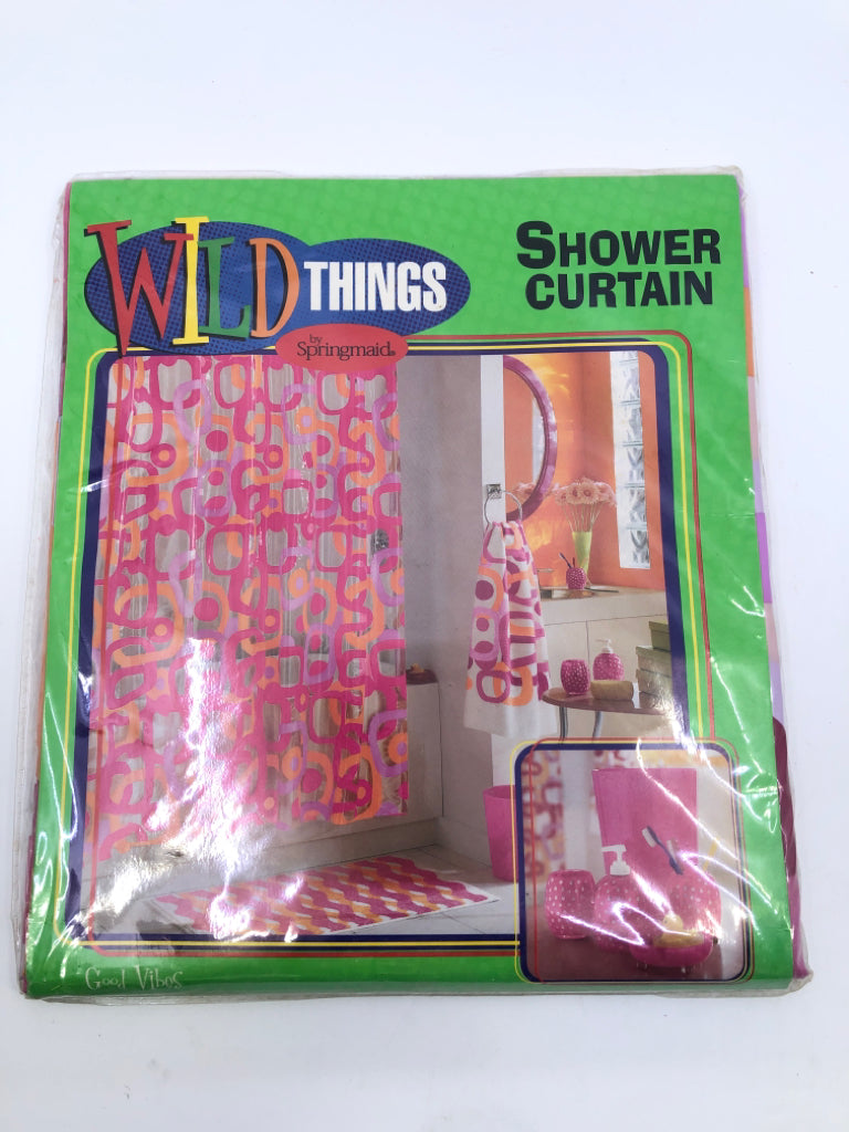 NIP WILD THINGS PINK AND ORANGE SHOWER CURTAIN.