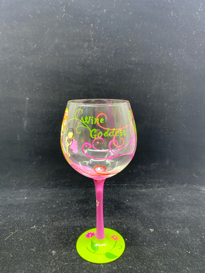 WINE GODDESS GREEN AND PINK PAINTED WINE GLASS.