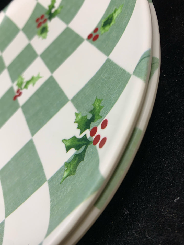 2PC GREEN AND WHITE CHECKERED MELAMINE PLATES W/HOLLY C&C.