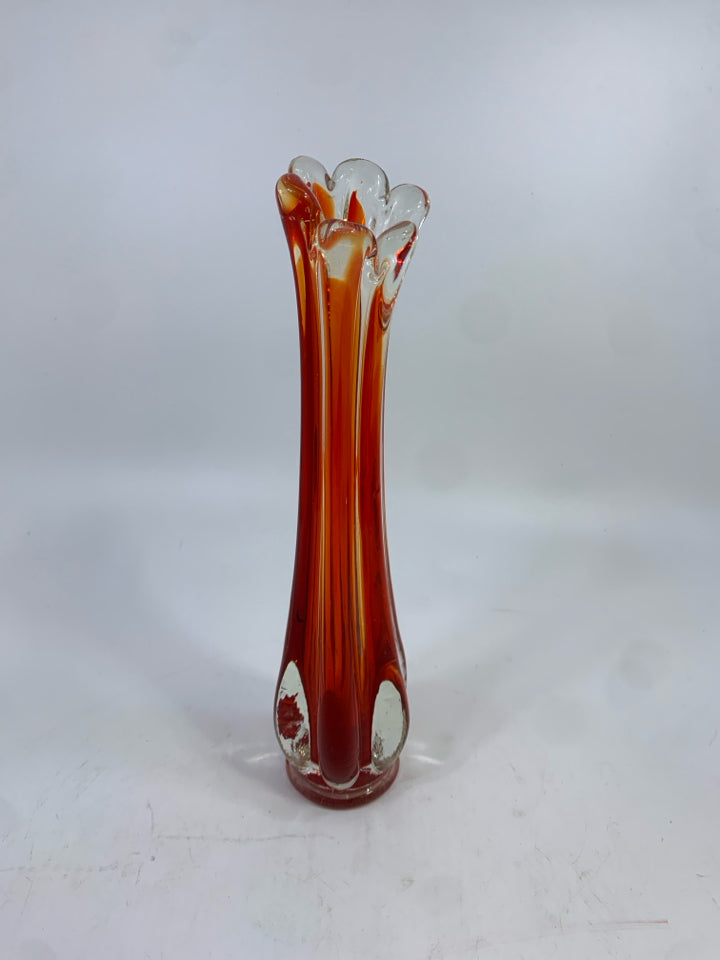 RED GLASS NARROW BUD VASE W/RUFFLE EDGE.
