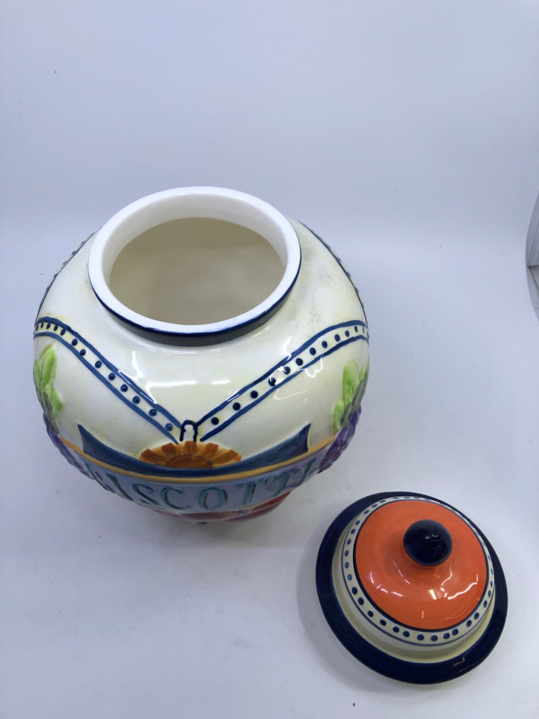 BISCOTTI CREAM/NAVY FRUIT EMBOSSED COOKIE JAR.