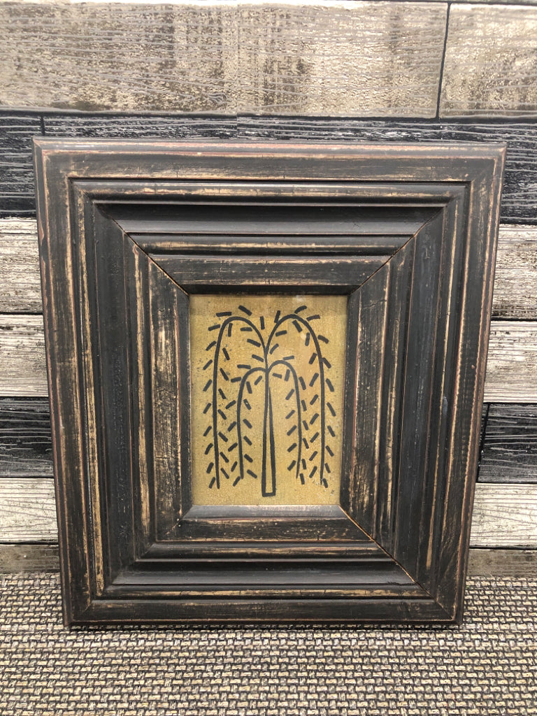 DISTRESSED BLACK FRAME PRIMITIVE WILLOW TREE WALL HANGING.