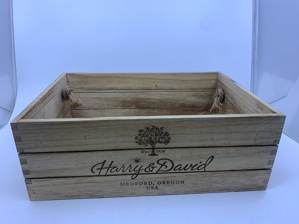 HARRY AND DAVID WOOD CRATE W/ ROPE HANDLES.
