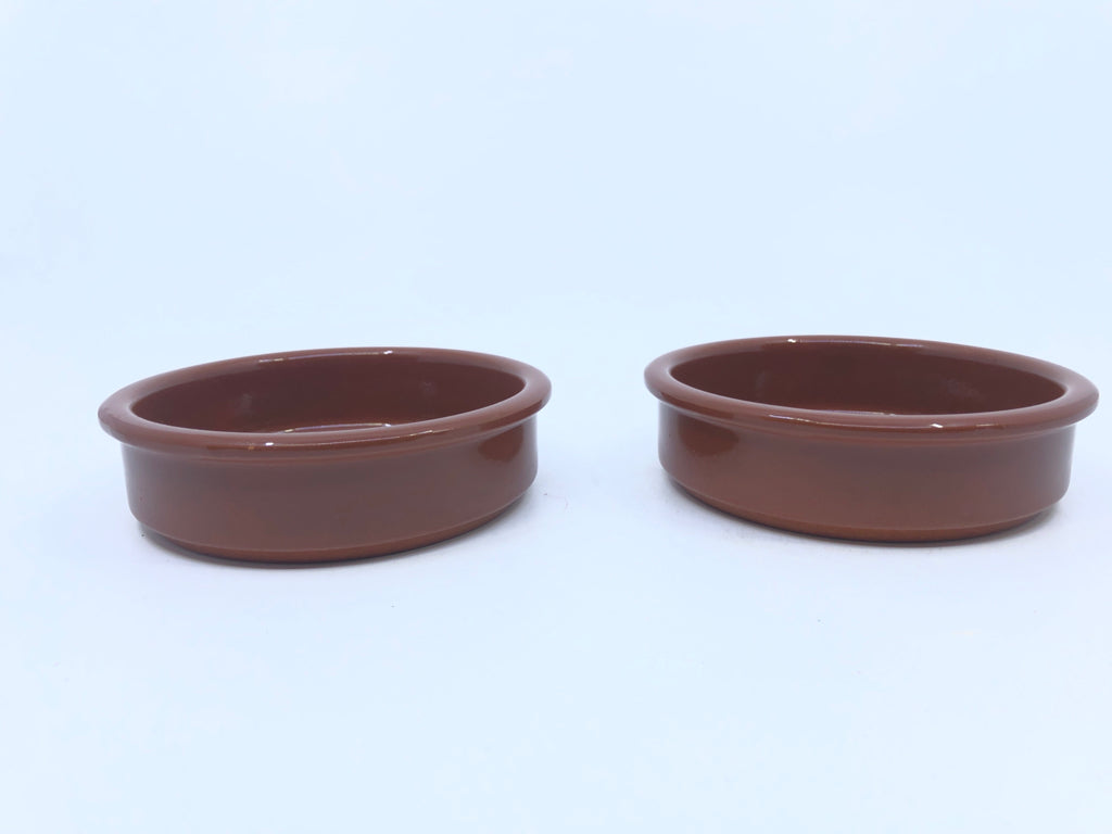 2 RED ROUND TERRA COTTA CAT DISHES.