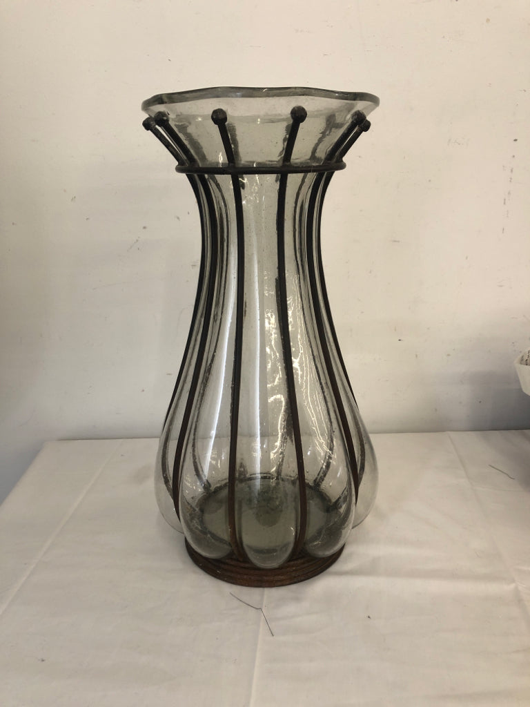 LARGE METAL AND GLASS VASE.