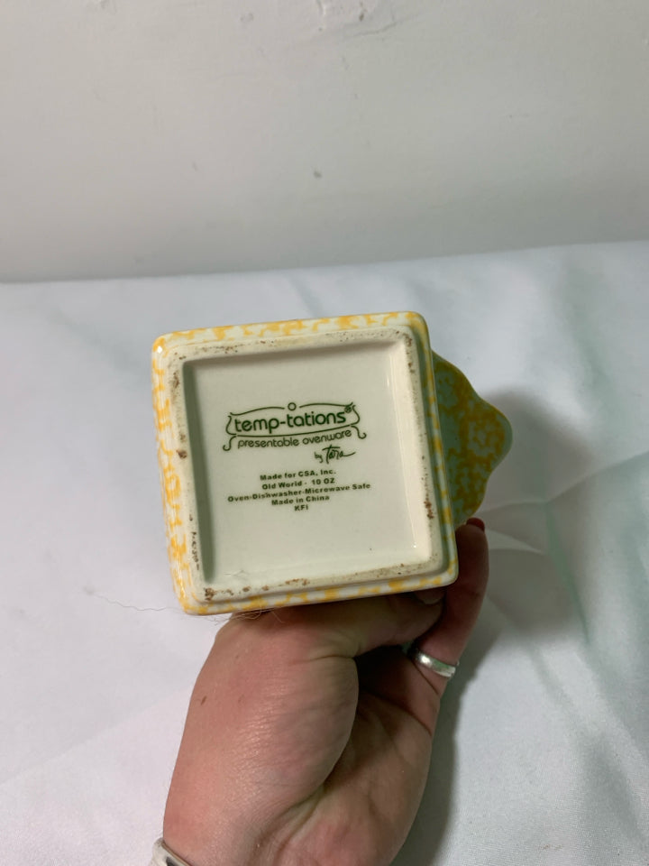 YELLOW TEMPTATIONS SMALL SQUARE BOWL ONE HANDLE.