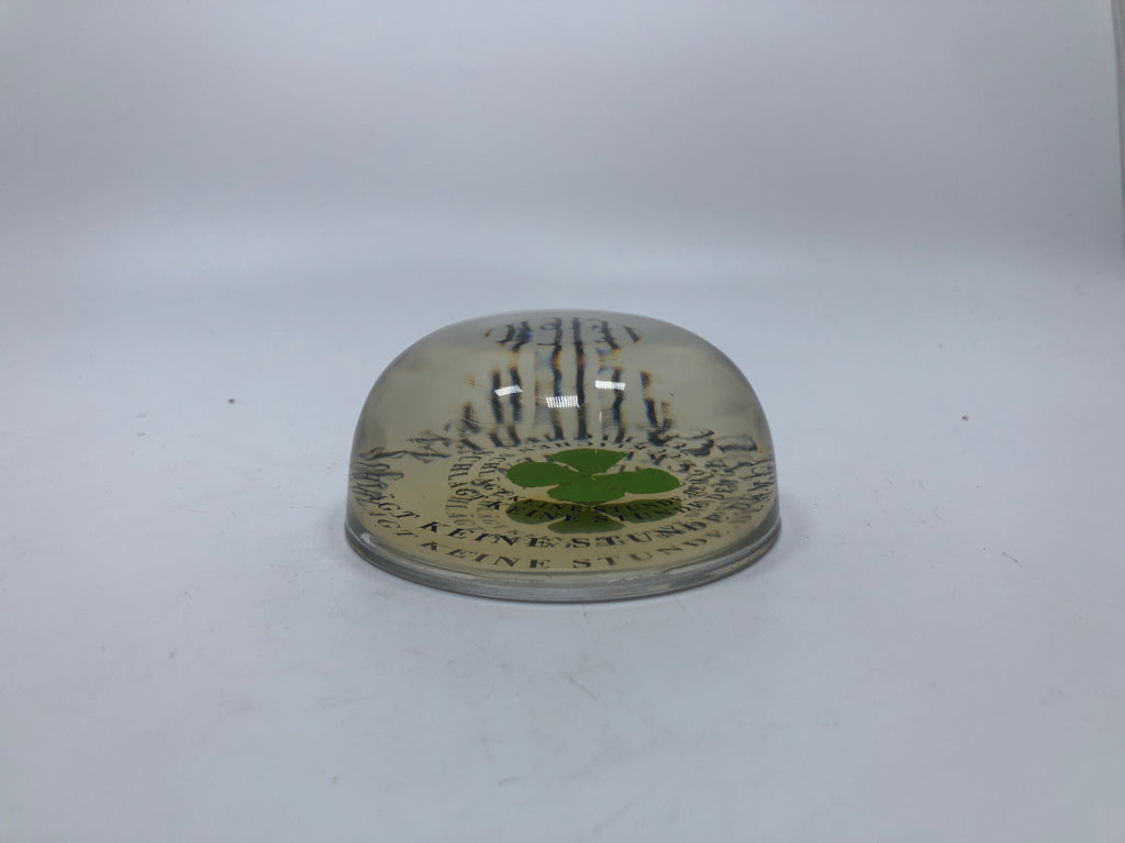 PRESERVED FOUR LEAF CLOVER W/IRISH WRITING PAPER WEIGHT.