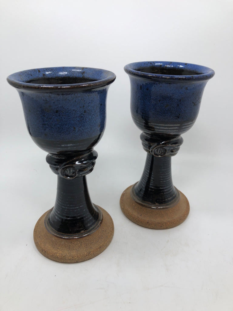 2 BLUE DRIP GLAZE CANDLE HOLDERS W/PEDESTAL BASE.