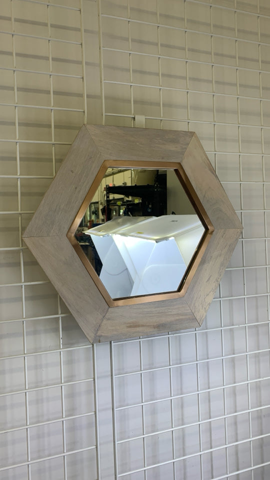 WHITE WASHED HEXAGON MIRROR.