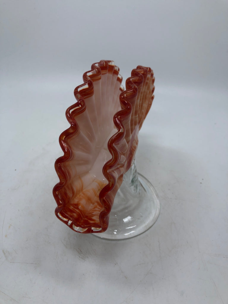 VTG ORANGE BLOWN GLASS FANNED PEDESTAL NAPKIN HOLDER.