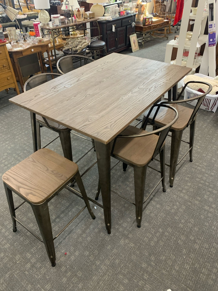 DARK BROWN WOOD TOP W/ METAL BASE 6 CHAIRS 4 BACKS 2 STOOLS.