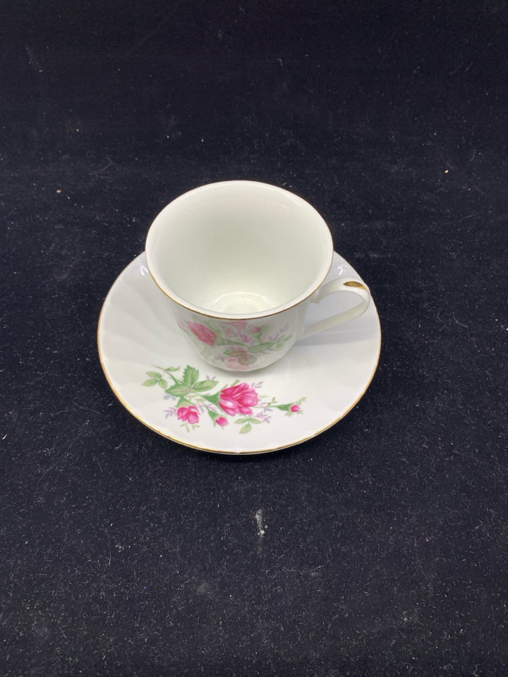 WHITE W/PINK FLOWERS TEA CUP + SAUCER.