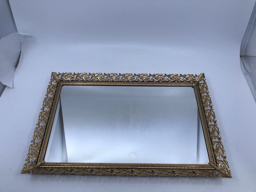 VTG MIRROR TRAY W/ GOLD METAL LACE DETAIL.