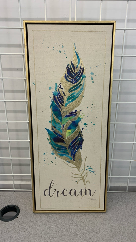DREAM GOLD/TEAL FEATHER CANVAS IN GOLD FRAME.