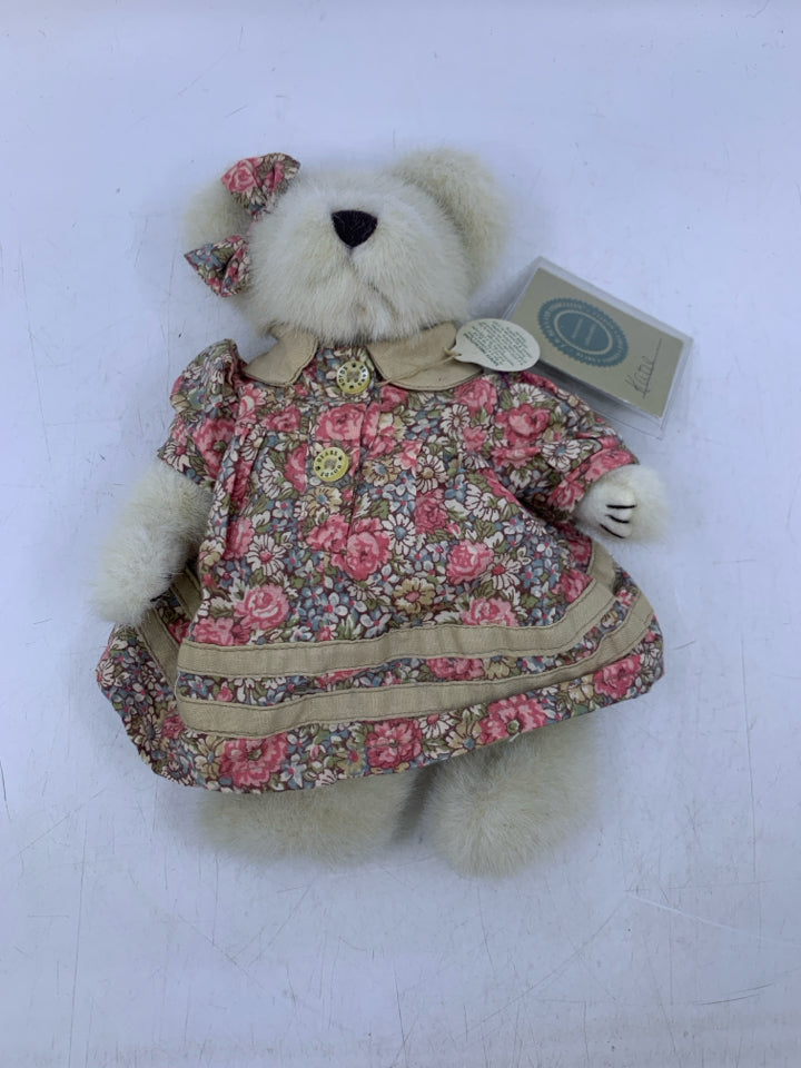 WHITE BEAR W/ PINK FLORAL DRESS.