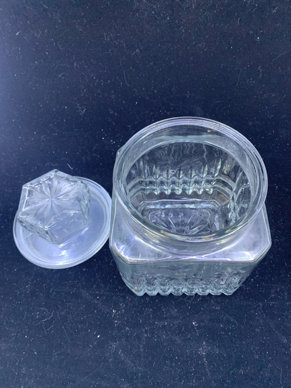 CUT GLASS CANISTER WITH HEXAGON LID.