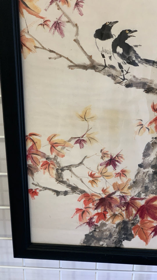WATERCOLOR BIRDS ON LEAF BRANCH IN BLACK FRAME.