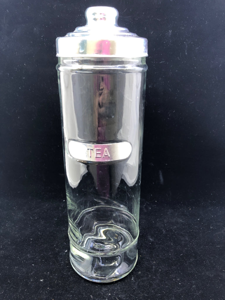 TALL CLEAR GLASS TEA CANISTER W SILVER LID.