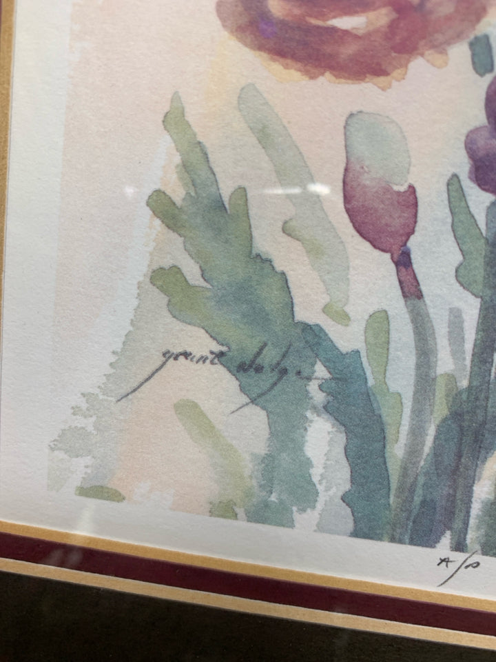 BROWN FRAME W/ FLORAL WATERCOLOR WALL ART.