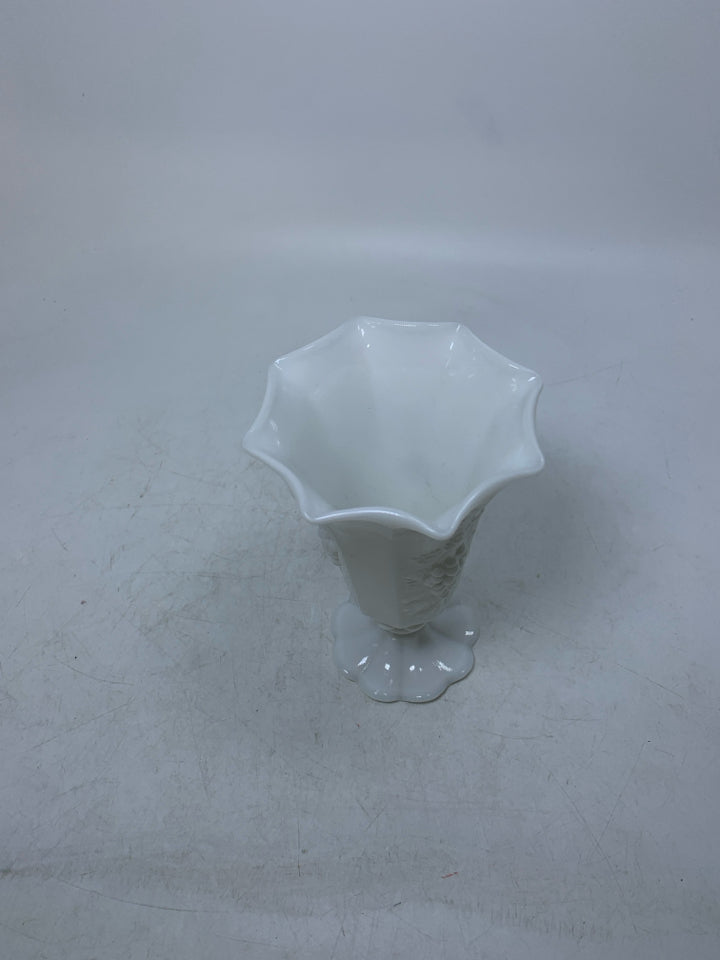FOOTED GLASS VASE W/ EMBOSSED GRAPES.
