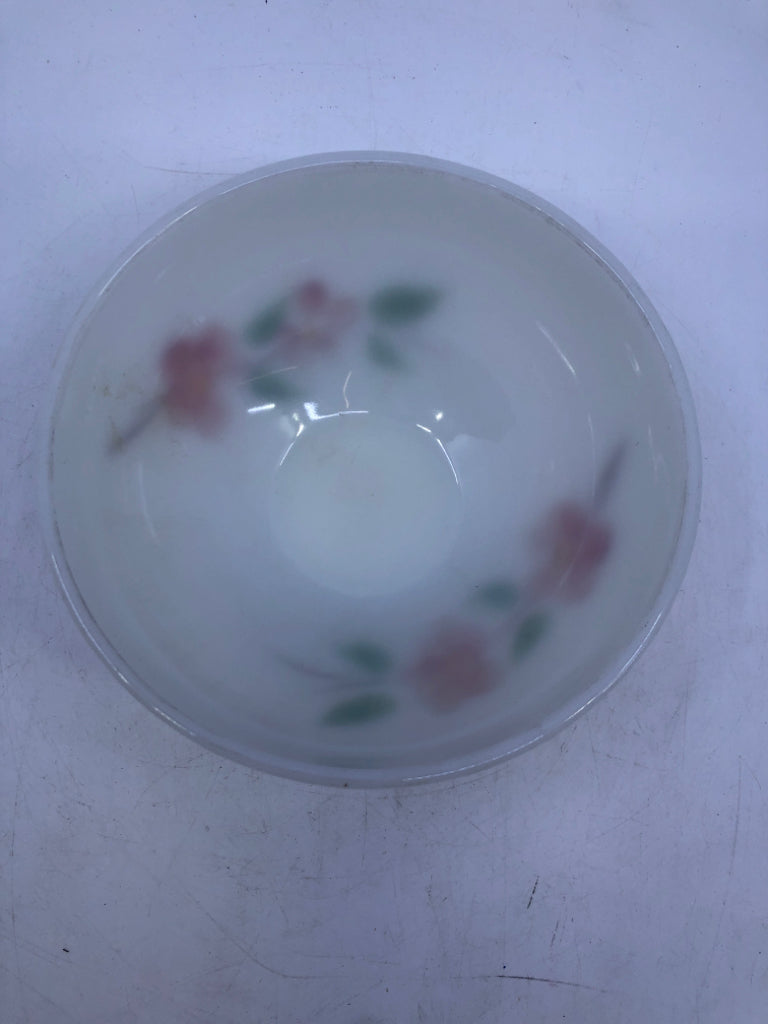 VTG WHITE FROSTED BOWL WITH PINK FLOWERS FIRE KING.