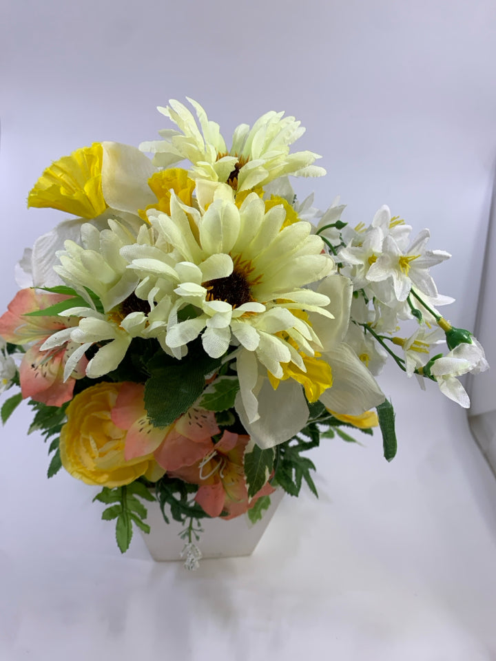 PINK & YELLOW FLORALS IN WHITE SQUARE POT.