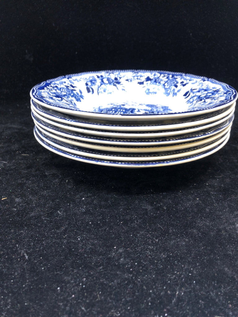 7 VTG BLUE/WHITE FLAT SOUP BOWLS.