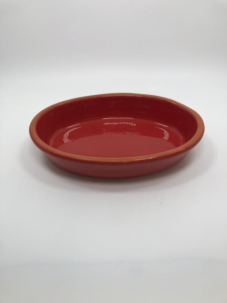 RED POTTERY CASSEROLE DISH.